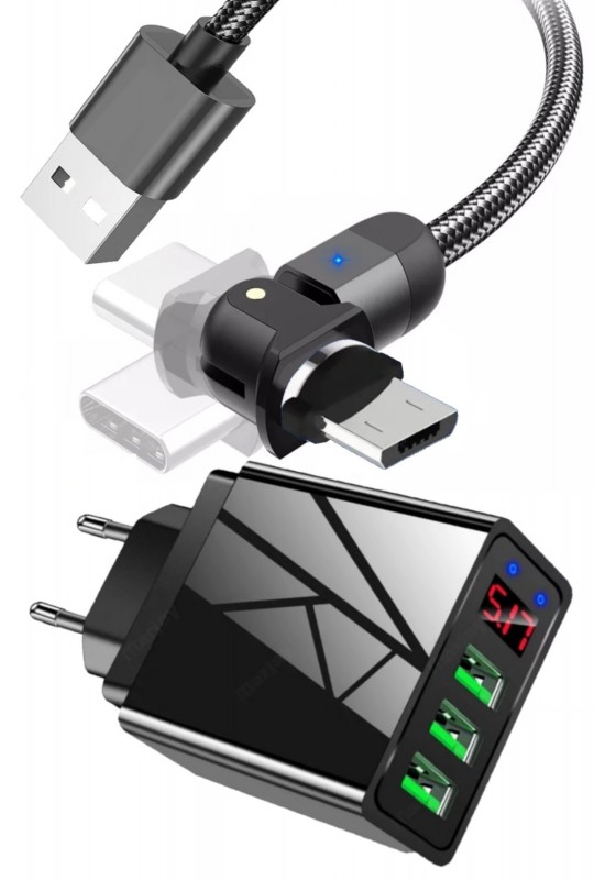 Judas A8 Led Göstergeli Şarj Adaptörü 3 Port + J4 Micro Usb 180 Derece 3A Şarj Kablosu -2mt