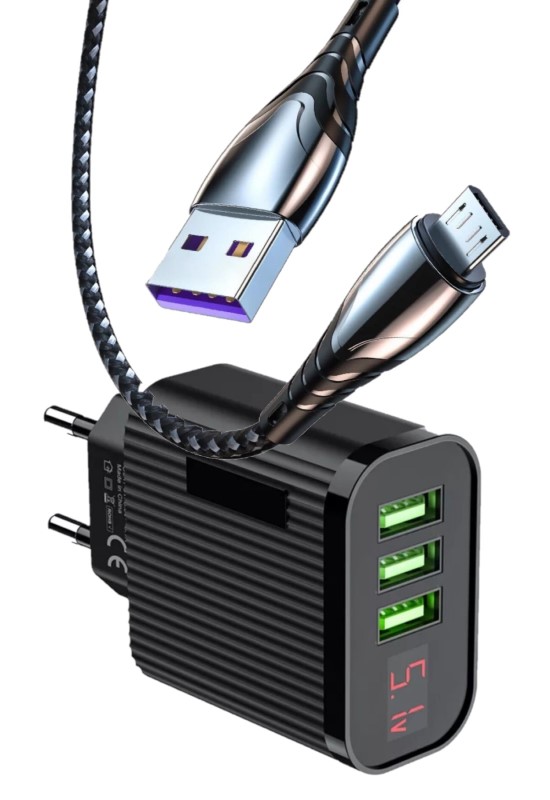 Judas A9 Led Göstergeli Çoklu Şarj Adaptörü + J1 Micro Usb 5A Şarj Kablosu -2mt