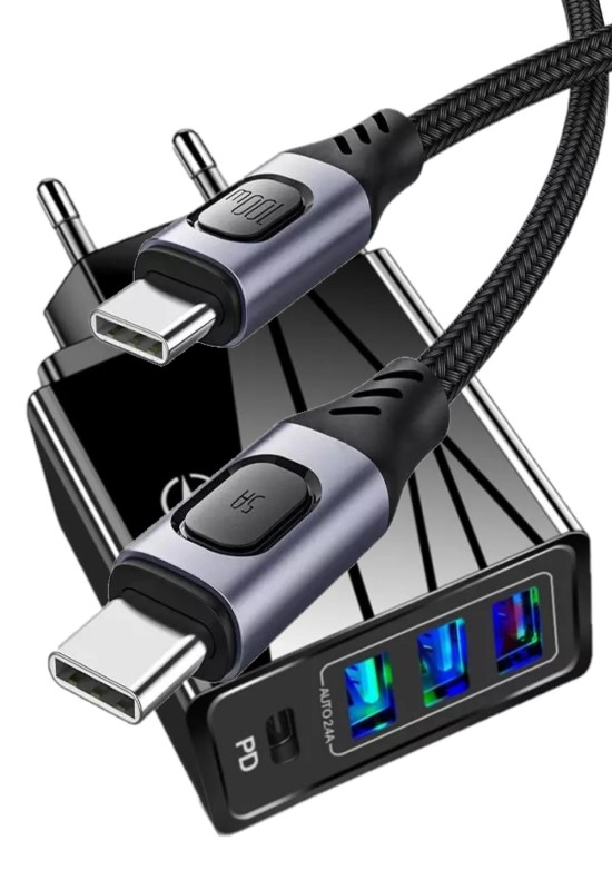 Judas C4 PD (Type-C) + 3 Port Micro Usb Girişli Adaptör + C7 Type-C To Type-C 5A/100W Şarj Kablosu -2mt