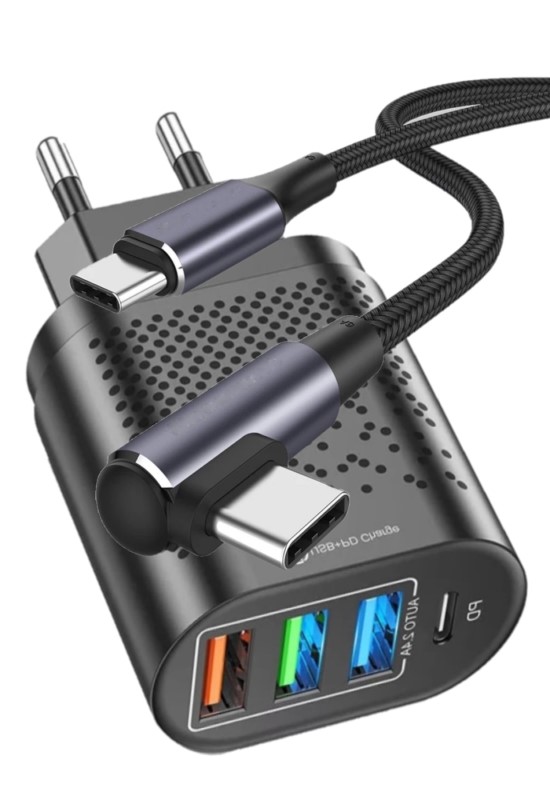 Judas C5 PD (Type-C) + 3 Port USB Girişli Adaptör + C3 Type-C To Type-C 90 Derece 5A/100W  Şarj Kablosu -2mt