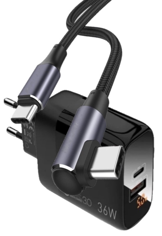Judas C7 PD (Type-C) + Micro USB Girişli 36W Şarj Adaptörü + C3 Type-C To Type-C 90 Derece 5A/100W Şarj Kablosu -2mt