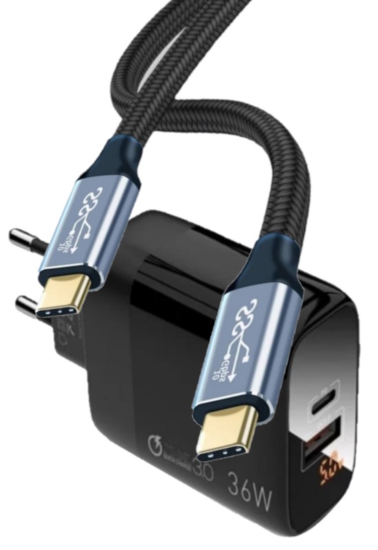 Judas C7 PD (Type-C) + Micro USB Girişli 36W Şarj Adaptörü + C4 Type-C To Type-C 5A/100W/10gbps Şarj Data ve 4K Görüntü Aktarım Kablosu -2mt